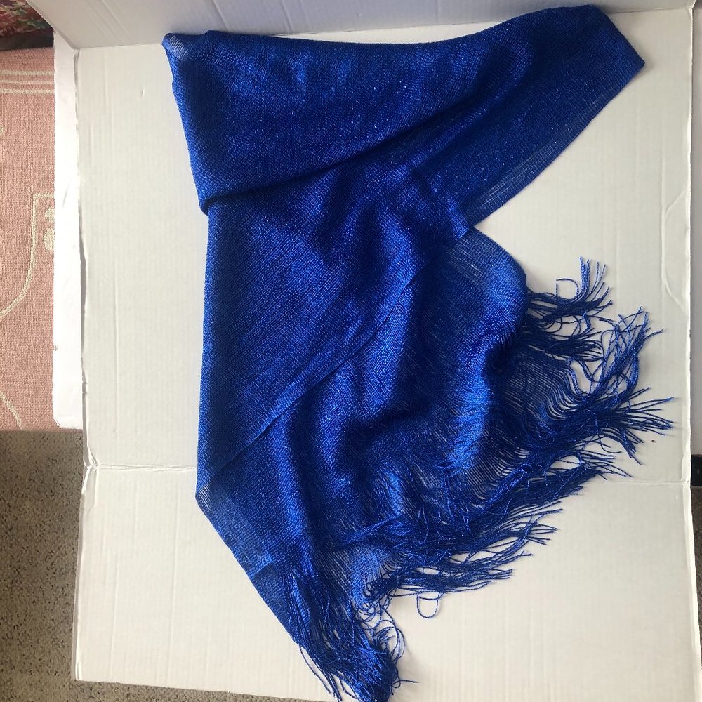 New Kimberlye.C Shine Glitz Sheer Mesh Scarf Royal Blue with Fringe 71" Long